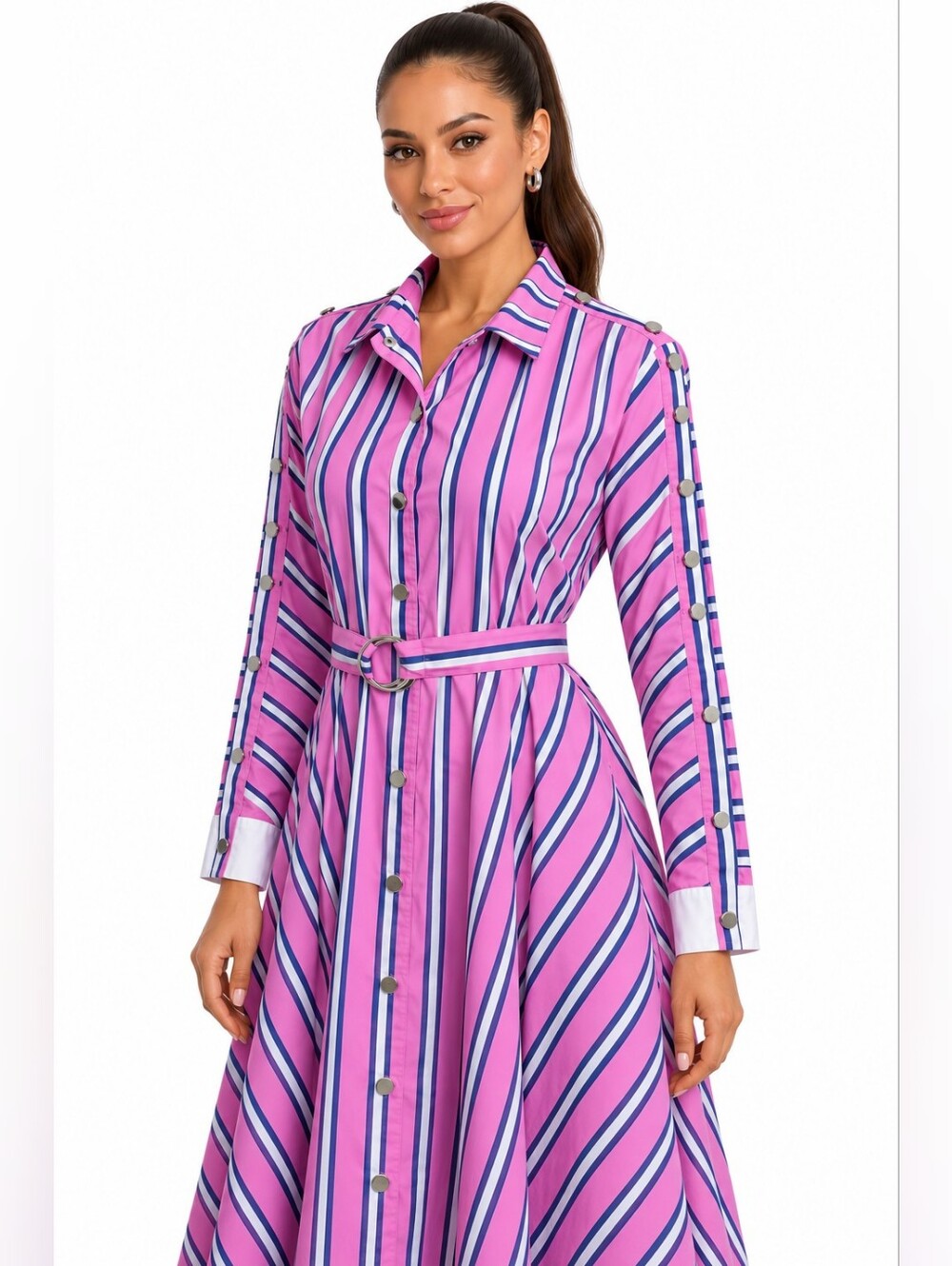 Maje Renali Pink Striped Midi Shirt Dress Fit Flare Belted Size 3 US L
